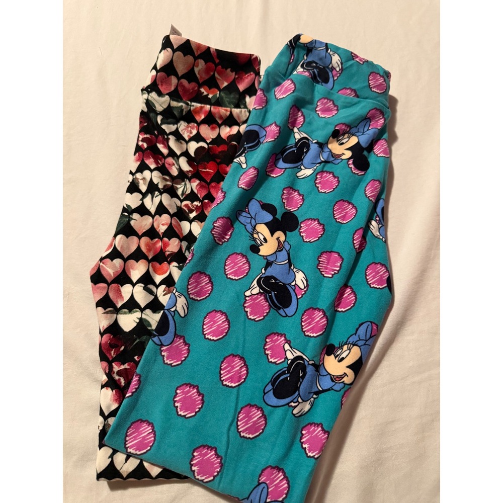 LuLaRoe Kids L/XL Leggings Bundle Disney Minnie Mouse Teal & Heart Print 2 Pack